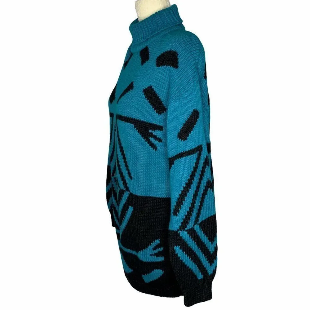 Vintage Mock Neck Chunky Knit Sweater S Blue Black
